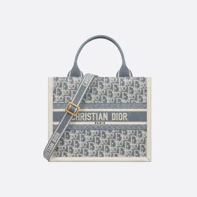 Dior Small Dior Book Tote In Blue Dior Oblique Chambray-Effect Embroidery Canvas and Calfskin Gold Hardware