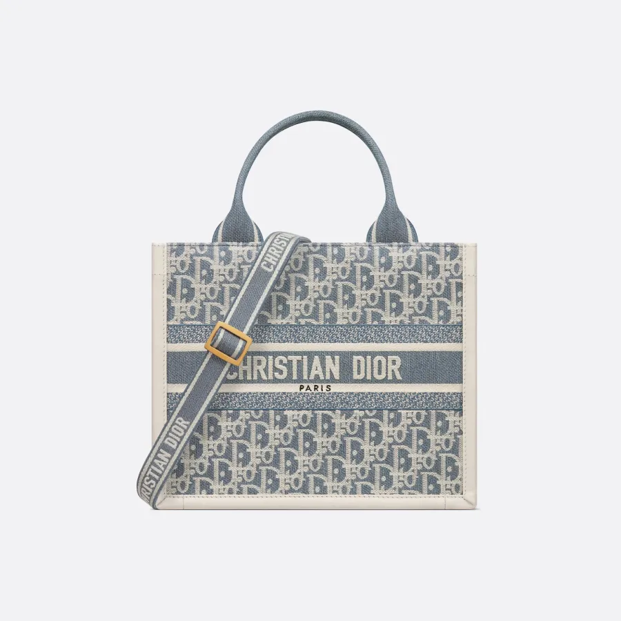 Dior Small Dior Book Tote In Blue Dior Oblique Chambray-Effect Embroidery Canvas and Calfskin Gold Hardware