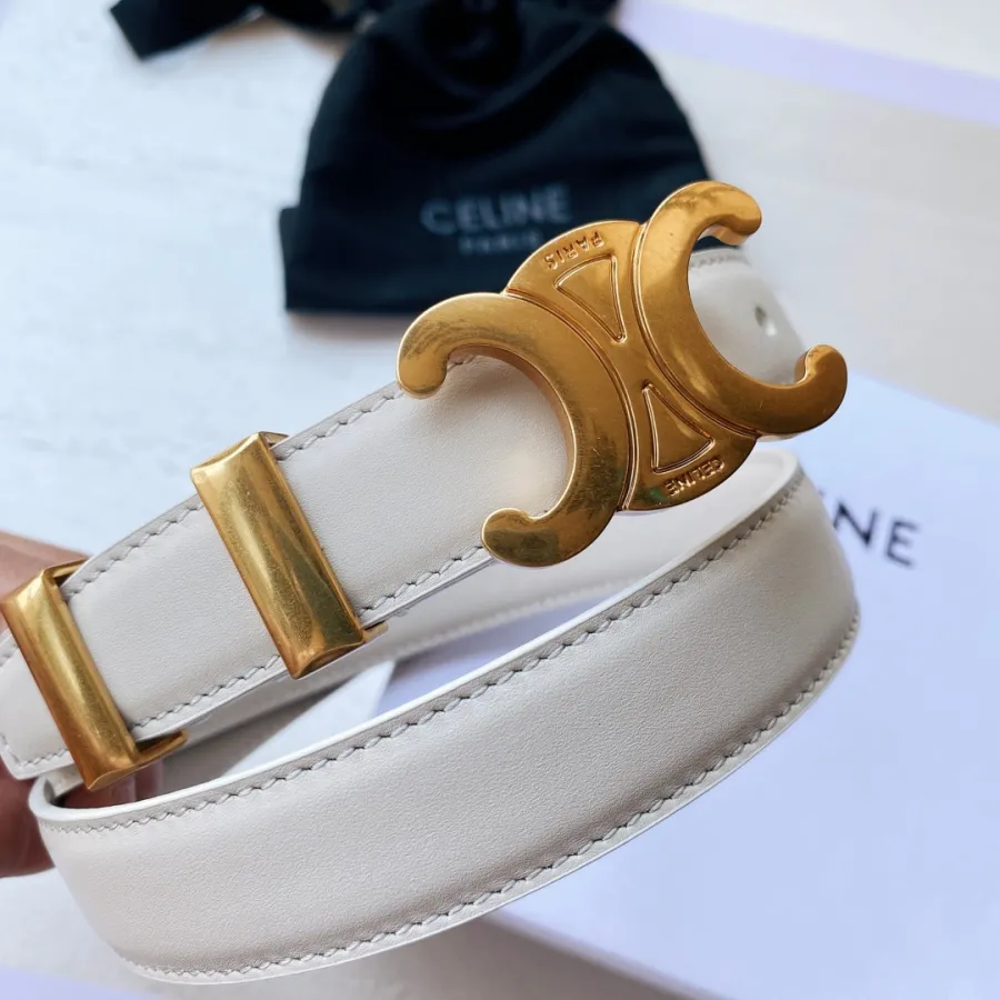 Celine Triomphe Buckle Belt In White/Brown/Black Calfskin With Gold Hardware 25mm