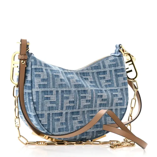 Fendi Mini FF Embroidered Fendigraphy Hobo Bag Blue/Sand Denim & King Vitello Leather Gold Hardware - Image 3