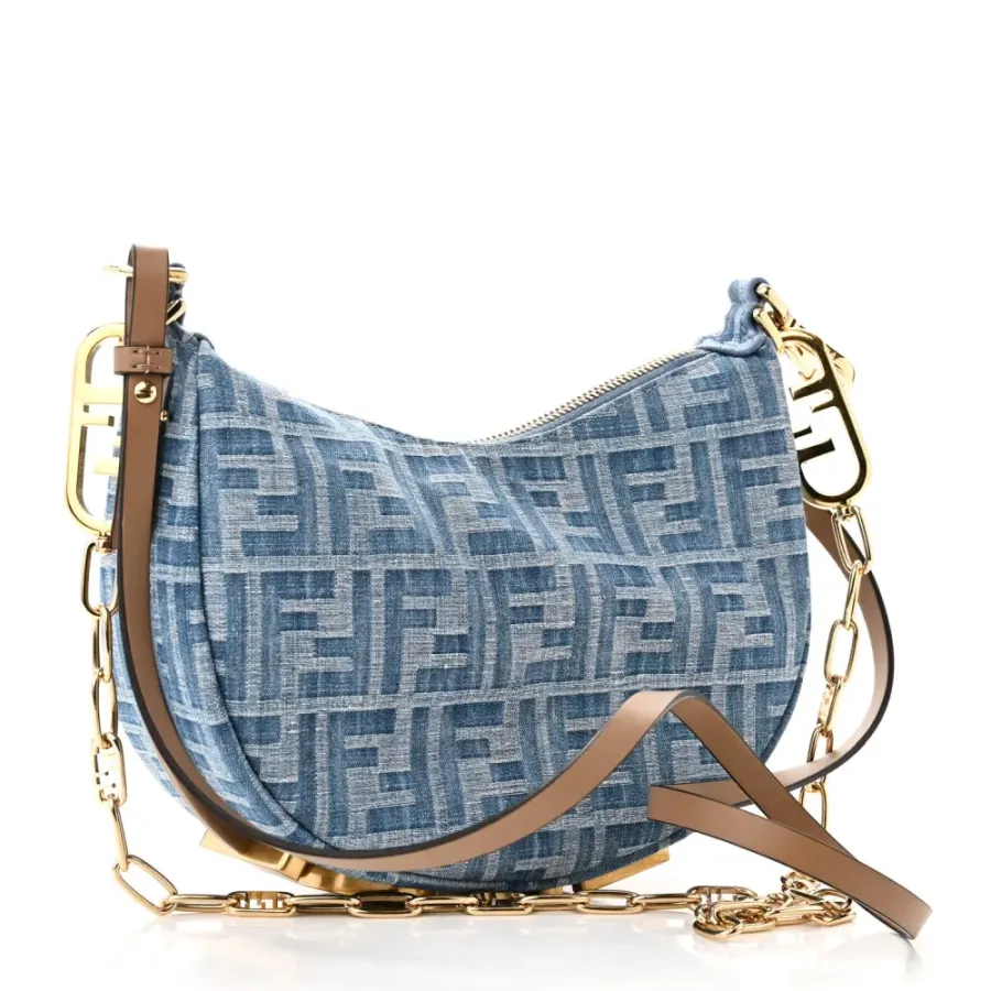 Fendi Mini FF Embroidered Fendigraphy Hobo Bag Blue/Sand Denim & King Vitello Leather Gold Hardware