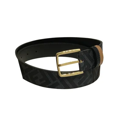 Fendi Men's Diagonal Belt In Black/Brown Calfskin And Monogram Canvas With Gold/Silver Hardware 35mm
