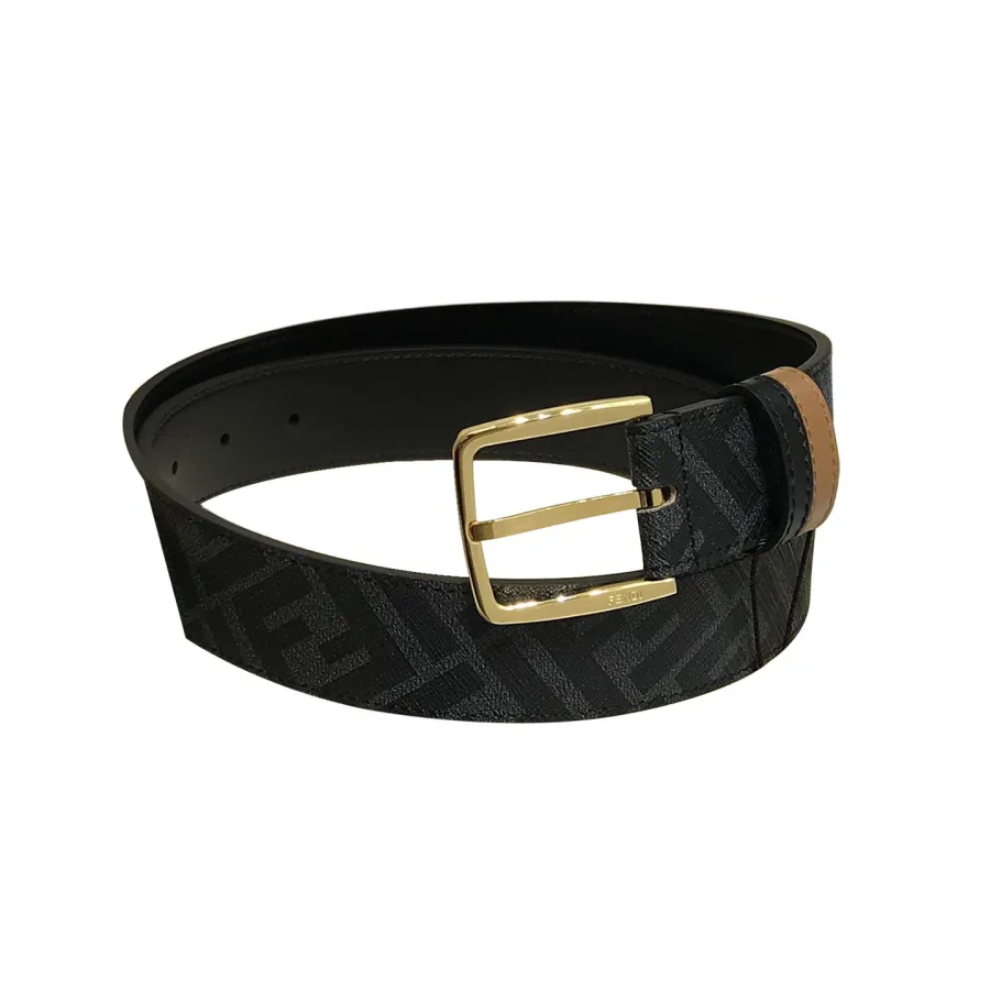 Fendi Men's Diagonal Belt In Black/Brown Calfskin And Monogram Canvas With Gold/Silver Hardware 35mm
