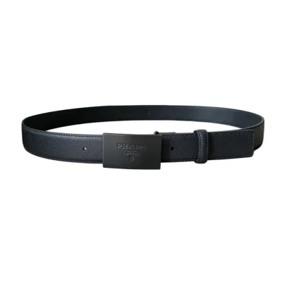 Prada Men' s Square Buckle Belt In Black/Blue Saffiano Calfskin With Silver/Black Hardware 35mm