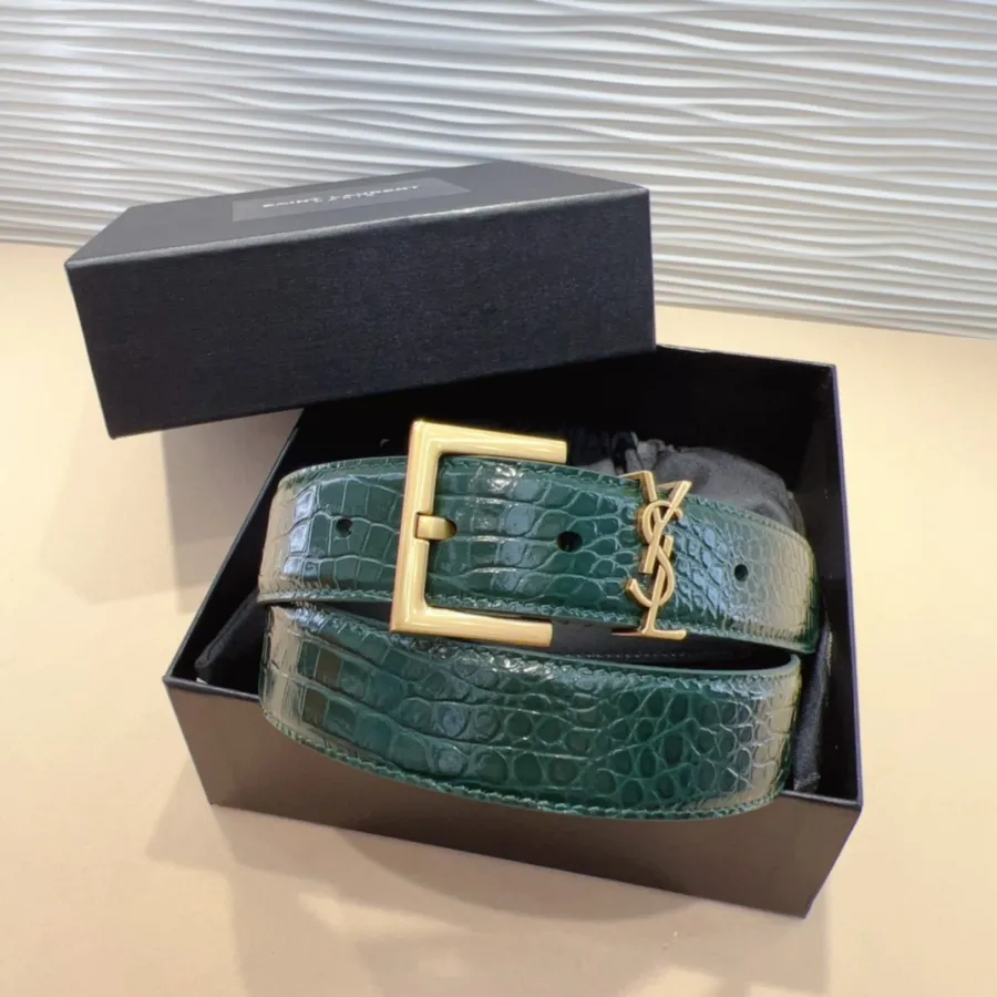 Saint Laurent Cassandre Belt In Black/Beige/Green Crocodile-Embossed Leather With Gold Hardware 30mm