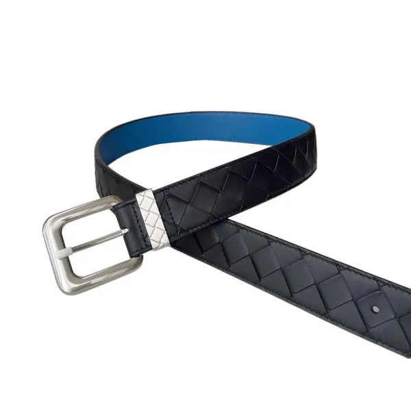 Bottega Veneta Men's Square Buckle Intrecciato Reversible Belt In Blue/Coffee Calfskin With Silver Hardware 35mm - Image 2