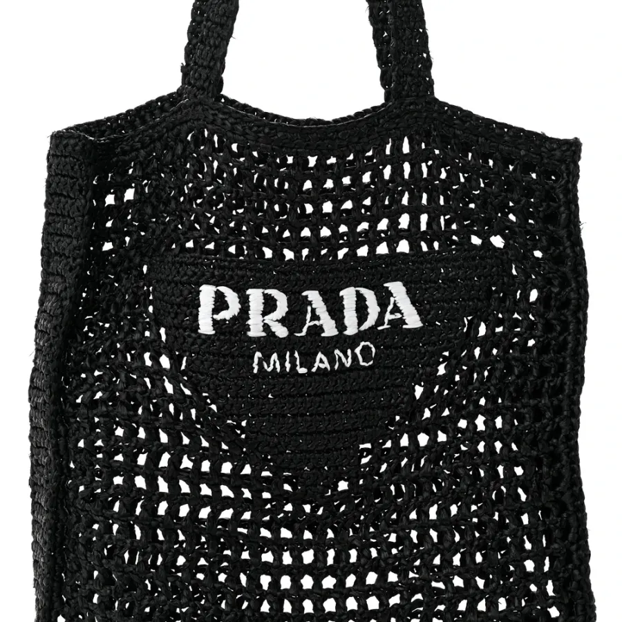 Prada Medium Effect Crochet Logo Embroidered Tote Bag Black Yarn Raffia