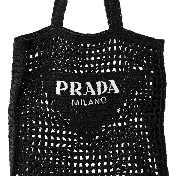 Prada Medium Effect Crochet Logo Embroidered Tote Bag Black Yarn Raffia - Image 8