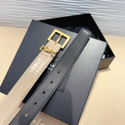 Saint Laurent Cassandre Belt In Black/Beige/Green Crocodile-Embossed Leather With Gold Hardware 30mm