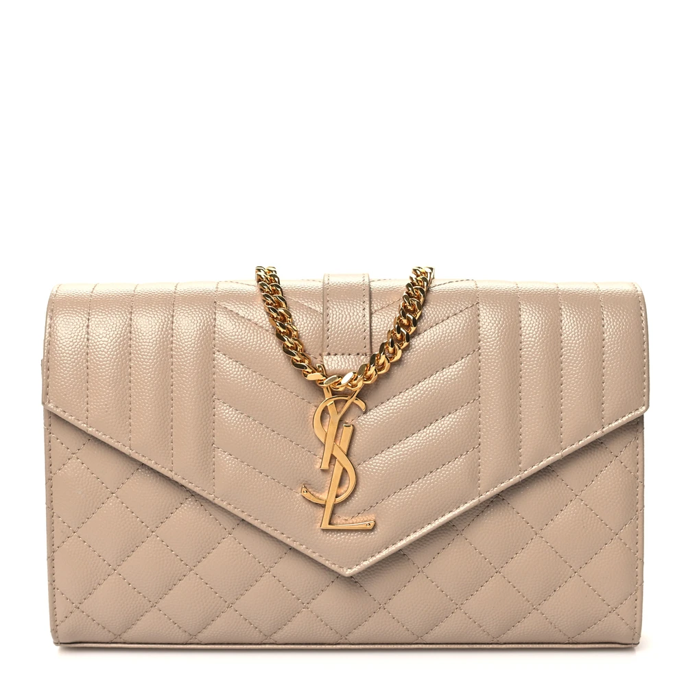 Saint Laurent Carteira Pequena com Corrente Bege Escuro Triquilt Monograma Grain De Poudre Matelassê Misto Couro Hardware Dourado