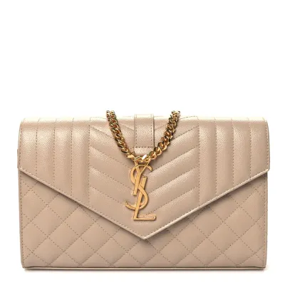 Saint Laurent Small Chain Wallet Dark Beige Triquilt Monogram Grain De Poudre Mixed Matelasse Leather Gold Hardware