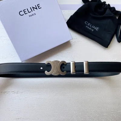 Celine Triomphe Buckle Belt In White/Brown/Black Calfskin With Gold Hardware 25mm
