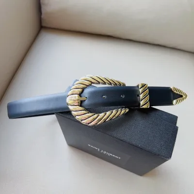 Saint Laurent Croissant De Lune Buckle Large Belt In Black Smooth Calfskin With Gold Hardware 30mm