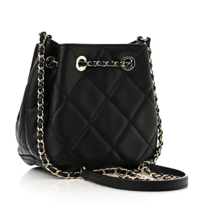 Chanel CC Dweller Drawstring Bucket Small Black Quilted Lambskin Leather Light Gold Hardware