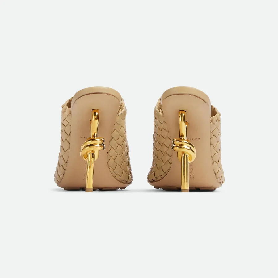 Bottega Veneta Knot Mule In Beige Intrecciato Leather Mule With Gold Finished Metal Knot Heel (Heel Height 9cm)