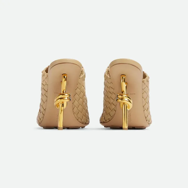 Bottega Veneta Knot Mule In Beige Intrecciato Leather Mule With Gold Finished Metal Knot Heel (Heel Height 9cm) - Image 3