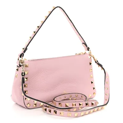 Valentino Garavani Small Rockstud Flip Lock Shoulder Bag Water Rose Pebbled Calfskin Leather Gold Hardware