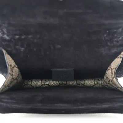 Gucci Mini Dionysus Shoulder Bag Black GG Supreme Monogram Canvas Aged Silver Hardware