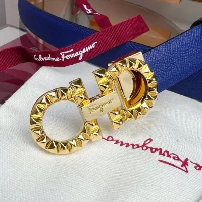 Ferragamo Women's Double Gancini Reversible Belt In Blue/Pink/Red/Purple/Black/Brown/White/Navy Blue Calfskin With Gold/Silver Hardware 25mm