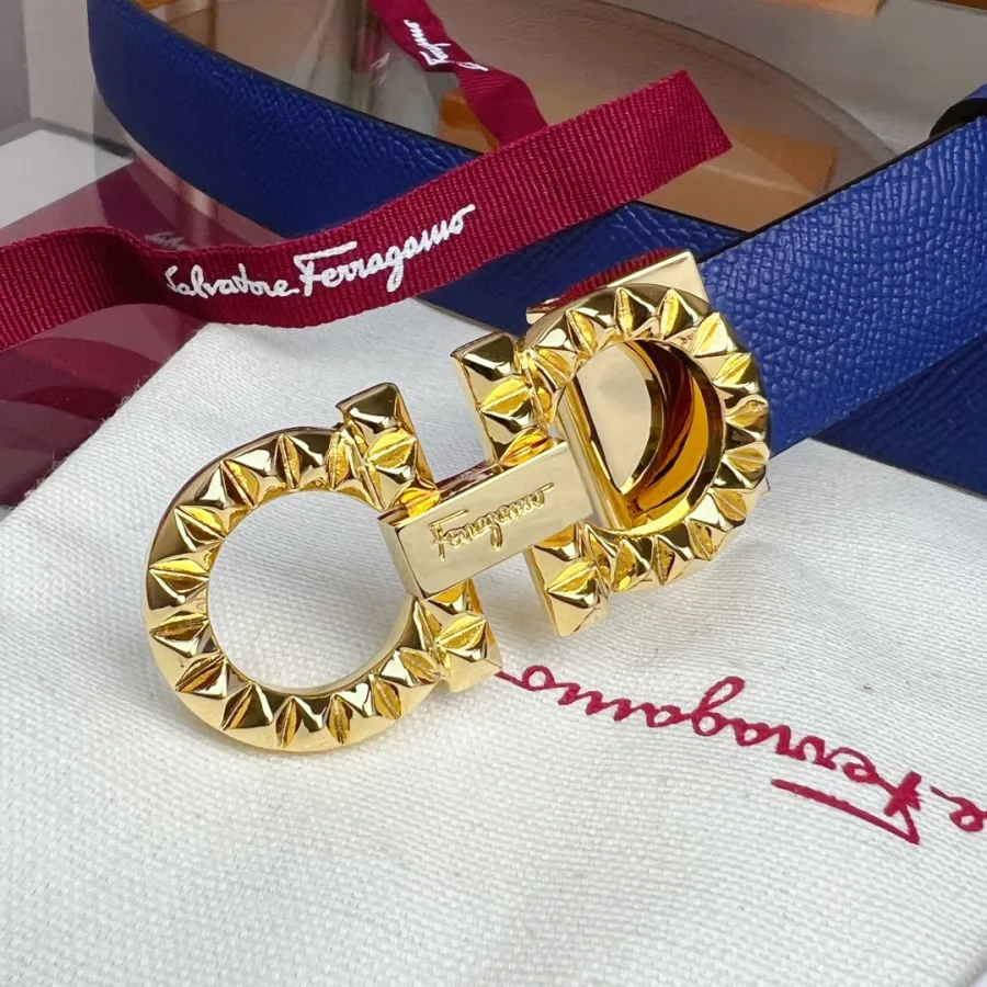 Ferragamo Women's Double Gancini Reversible Belt In Blue/Pink/Red/Purple/Black/Brown/White/Navy Blue Calfskin With Gold/Silver Hardware 25mm