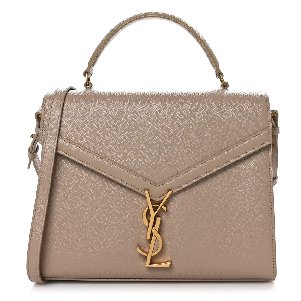 Saint Laurent Cassandra Média com Alça Superior Bege Escuro Monograma Clássico em Couro Grain De Poudre Hardware Envelhecido Dourado