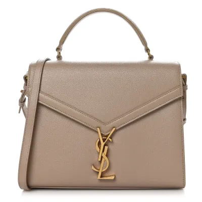 Saint Laurent Medium Cassandra Top Handle Dark Beige Classic Monogram Grain De Poudre Leather Aged Gold Hardware
