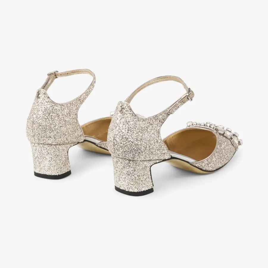 JIMMY CHOO Sand-colored shimmer fabric heels Thick heeled heels
