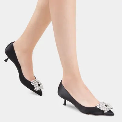 Roger Vivier Efflorescence Pumps High Heels In Black Satin With Crystal Buckle (Heel Height 4.5cm)