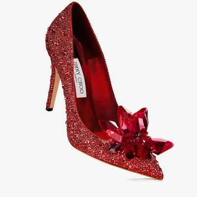 JIMMY CHOO Red crystal hot diamond leather pointed heels