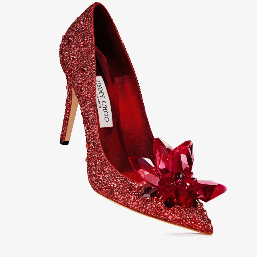 JIMMY CHOO Red crystal hot diamond leather pointed heels