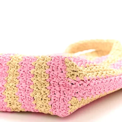 Prada Small Effect Crochet Striped Logo Tote Naturale/Petalo Yarn Raffia