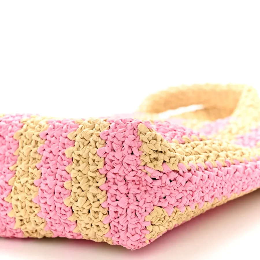 Prada Small Effect Crochet Striped Logo Tote Naturale/Petalo Yarn Raffia