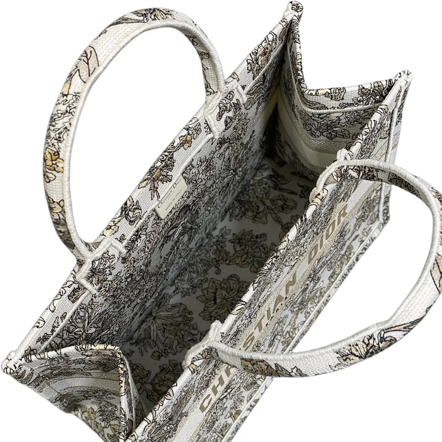 Dior Medium Book Tote White Embroidered with Metallic Thread and Gold Millefiori Unicorn Motif