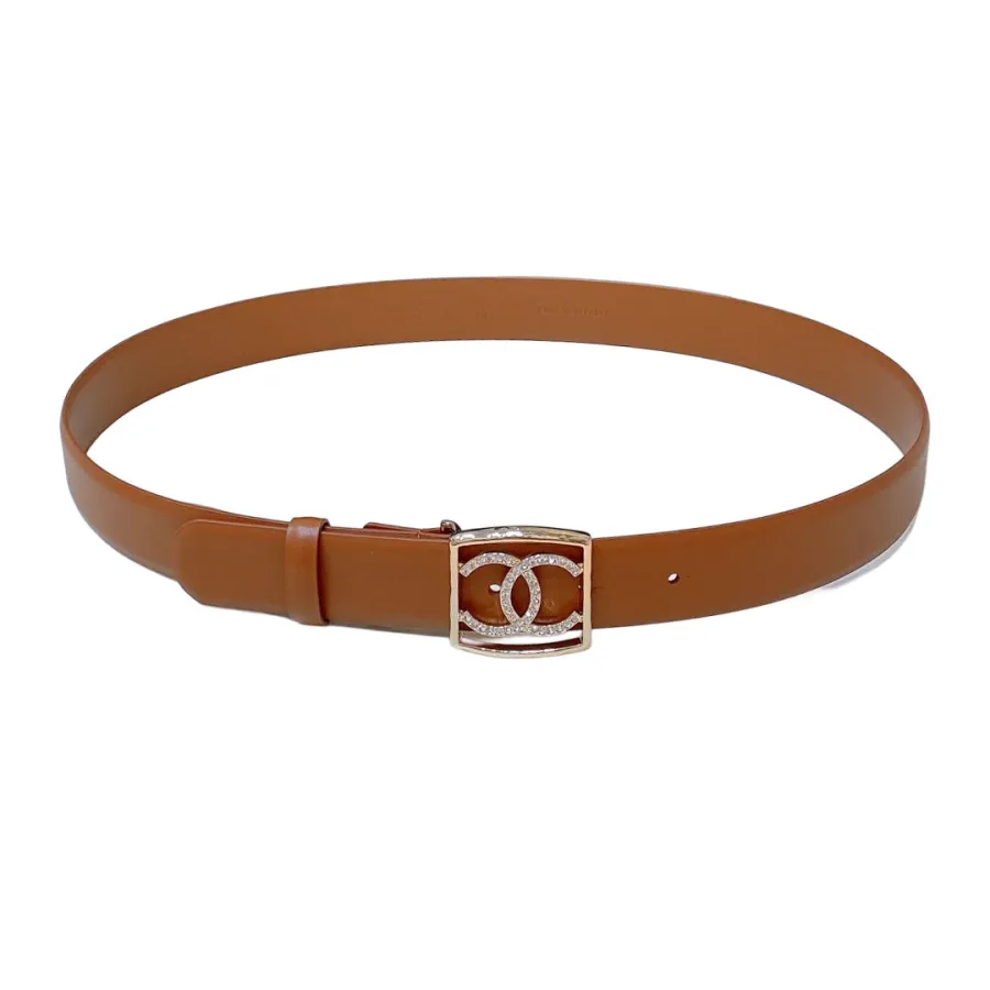 Chanel 24S Women's CC Crystal Square Buckle Belt In Brown/Arrowroot/Black/Blue Calfskin With Gold Hardware 30mm