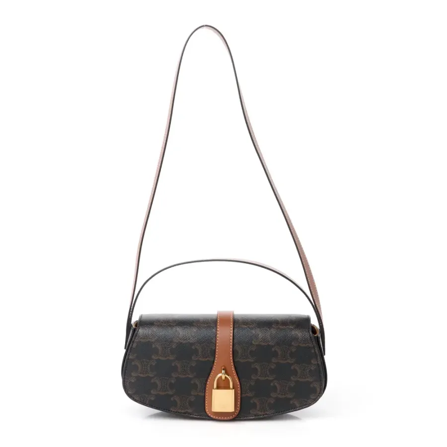 Celine Small Tabou Clutch on Strap Tan Triomphe Canvas & Calfskin Leather Gold Hardware
