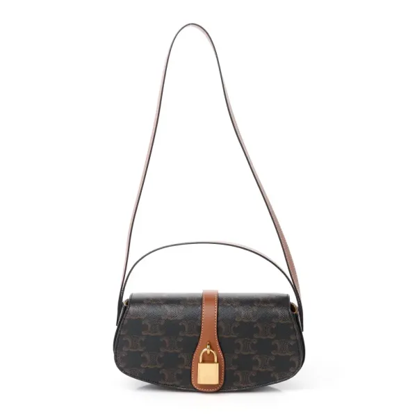 Celine Small Tabou Clutch on Strap Tan Triomphe Canvas & Calfskin Leather Gold Hardware