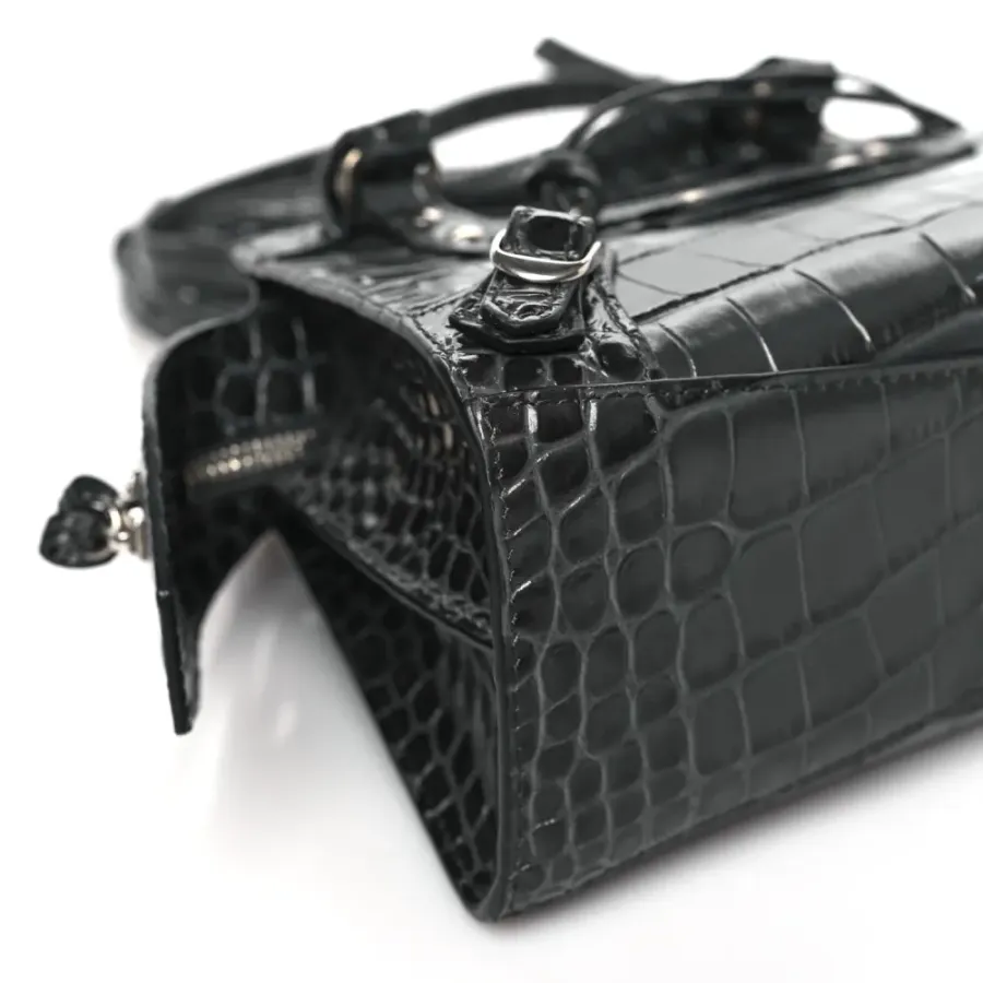 Balenciaga Mini Neo Classic City Bag Dark Grey Crocodile Embossed Calfskin Leather Silver Hardware