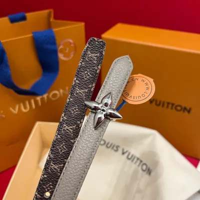 Louis Vuitton Women's Mini Flowergram Reversible Belt In Grey Calfskin And Monogram Canvas With Gold/Silver/Pink/Black Hardware 15mm