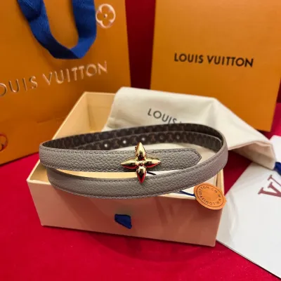 Louis Vuitton Women's Mini Flowergram Reversible Belt In Grey Calfskin And Monogram Canvas With Gold/Silver/Pink/Black Hardware 15mm