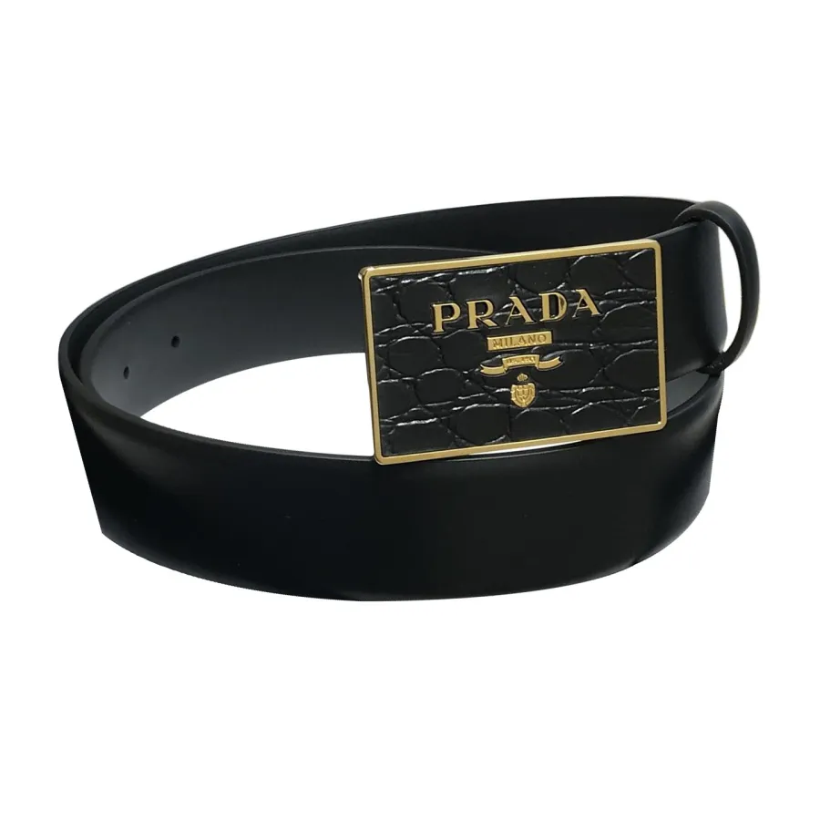 Prada Men' s Square Buckle Belt In Black Calfskin With Gold/Silver Hardware 35mm