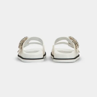 Roger Vivier Slidy Viv' Mules Sandals In White Leather With Crystal Buckle