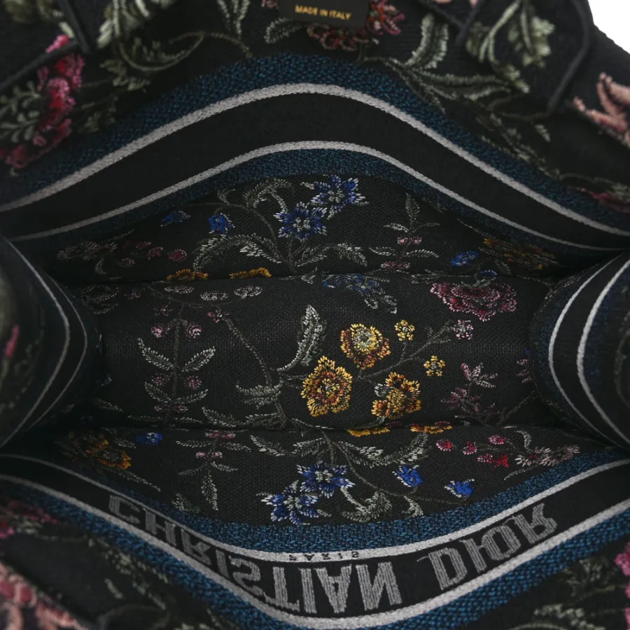 Dior Medium Book Tote Navy Blue Multicolor Petites Fleurs Raffia Embroidered Canvas