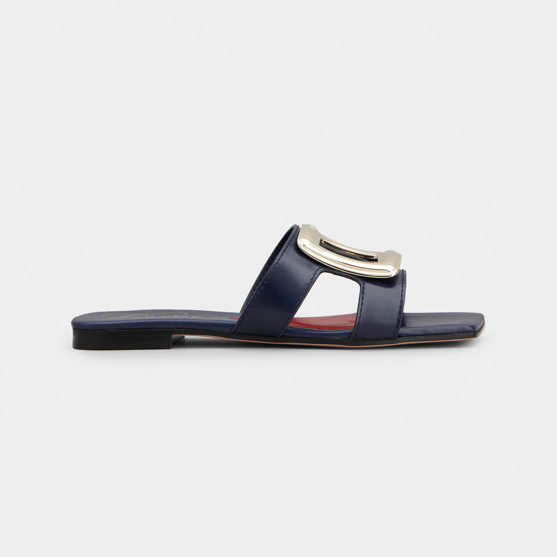 Roger Vivier Viv' By The Sea Mules Flats Em Couro Azul Marinho Com Fivela Metálica