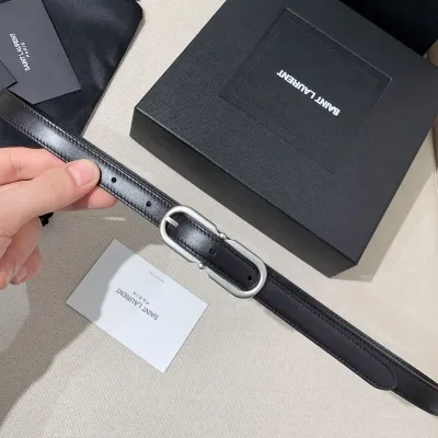 Saint Laurent Long Oval Buckle Thin Belt In Black Calfskin With Gold/Silver Hardware 15mm