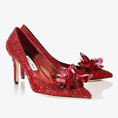 JIMMY CHOO Red crystal hot diamond leather pointed heels