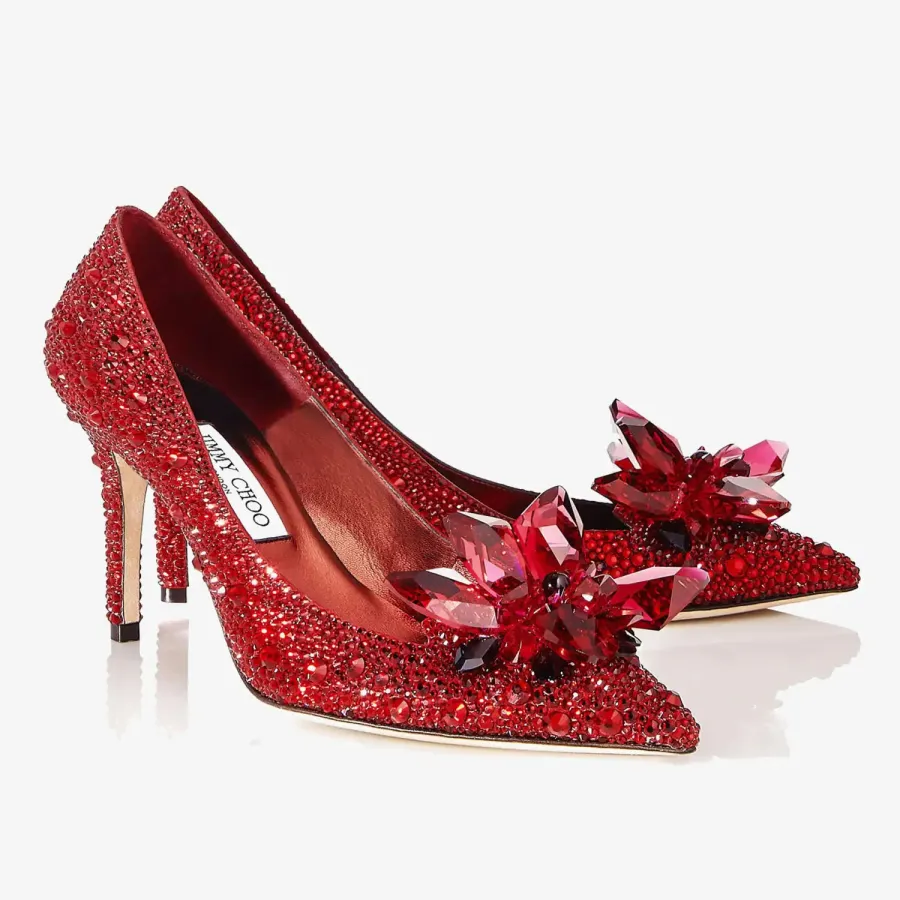 JIMMY CHOO Red crystal hot diamond leather pointed heels