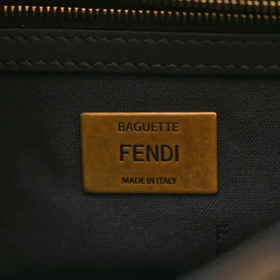 Fendi FF 1974 Midi Chain Baguette Tobacco/Moro Jacquard Fabric Aged Gold Hardware