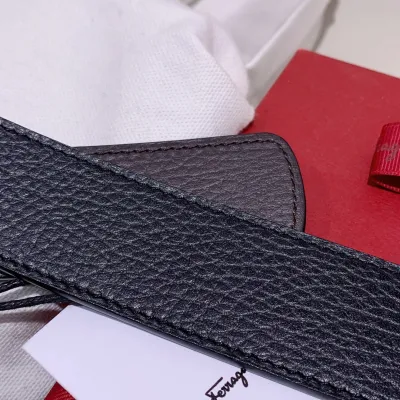 Ferragamo Men's Double Gancini Buckle Reversible Belt In Black Grained Calfskin With Gold/Silver Hardware 35mm