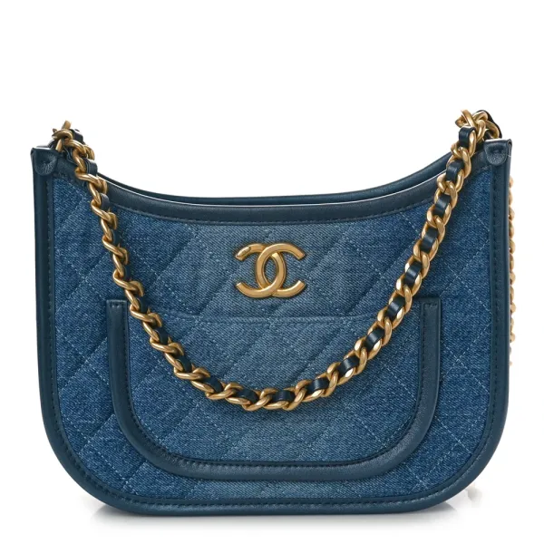 Chanel Hobo Medium Blue Quilted Washed Denim Aged Gold Hardware