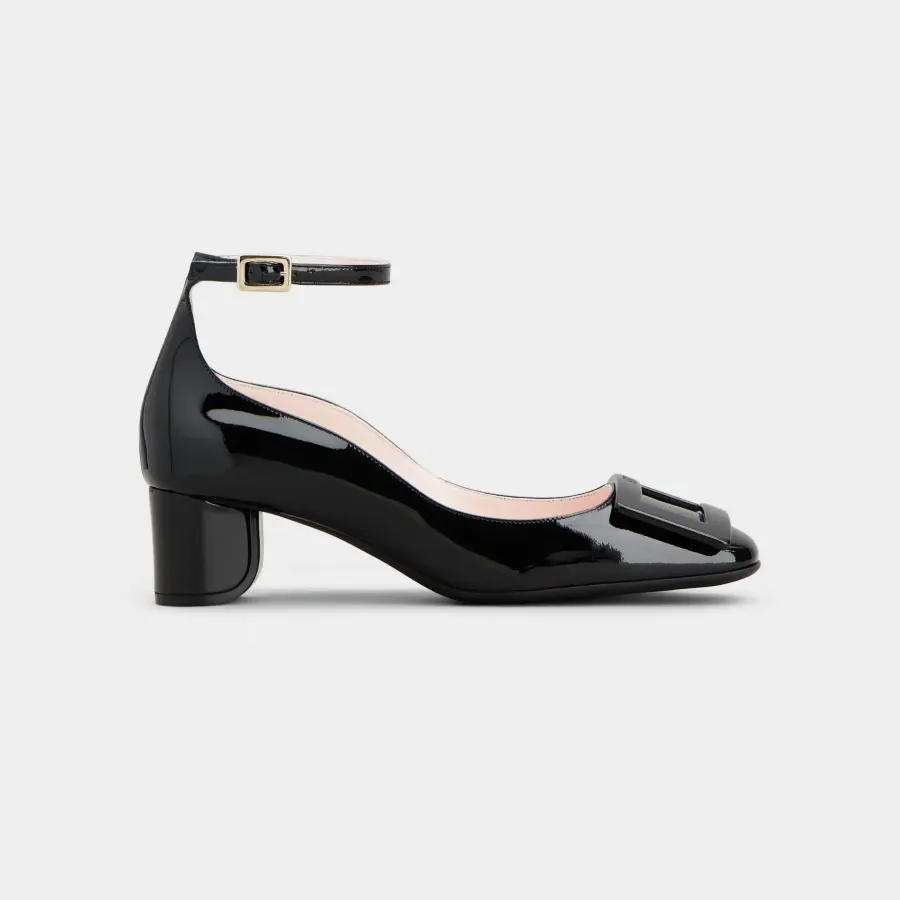 Roger Vivier Ankle Strap U Look Pumps High Heels In Black Patent Leather With Lacquered Metal Buckle (Heel Height 4.5cm)